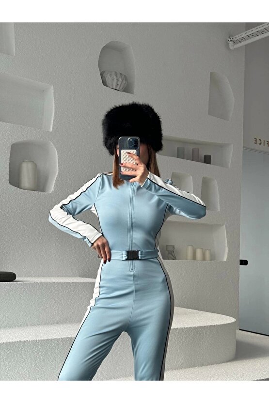 Kemer Detaylı Fermuarlı Tulum - Bebe Mavisi