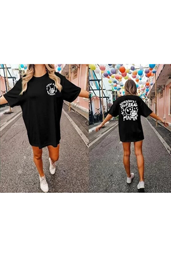 Kadın Bisiklet Yaka Baskılı T-shirt - Siyah