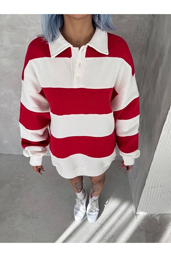 Unisex Üç İplik Parçalı Yakalı SweatShirt - Kırmızı