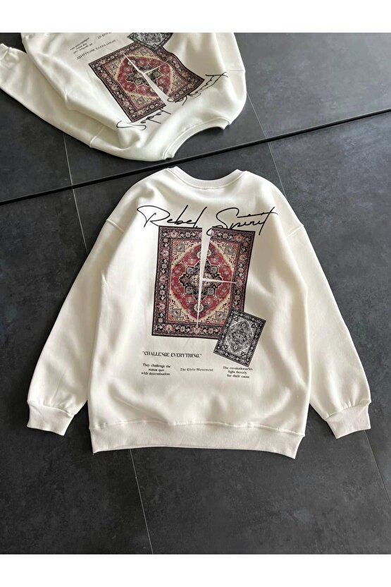 Kadın Bisiklet Yaka Baskılı SweatShirt - Beyaz
