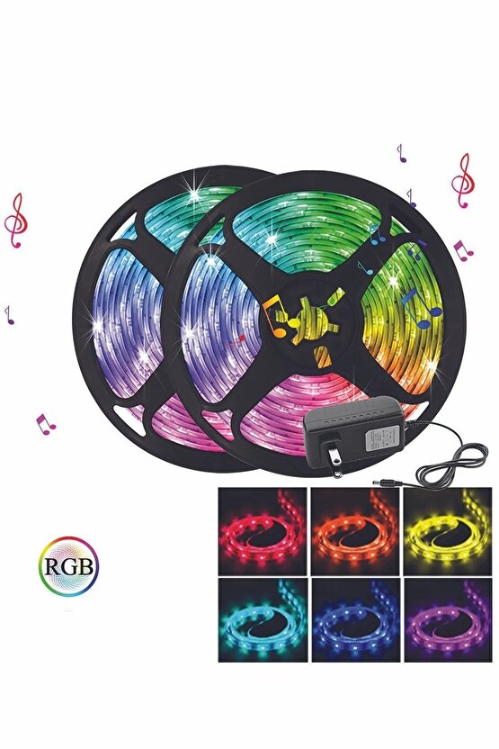 Led 5 Mt Renkli Kumandalı Adaptörlü Çift Taraflı Bant Tak Çalıştır Rgb 20 Fonksyonlu Şerit