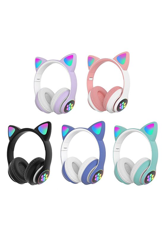 Pembe Stn28 Renk Kablosuz Bluetooth 5.0 Led Işıklı Kedili Şık Kulaklık Hediye Fm