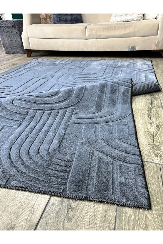 Modern Yumuşak Dokulu Tüy Dökmez Yıkanabilir Tavşan Tüyü Peluş Halı Antrasit