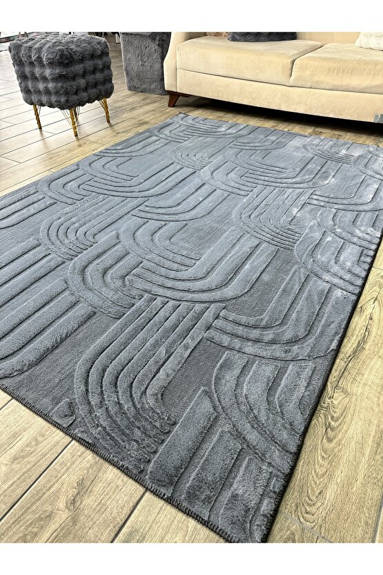 Modern Yumuşak Dokulu Tüy Dökmez Yıkanabilir Tavşan Tüyü Peluş Halı Antrasit