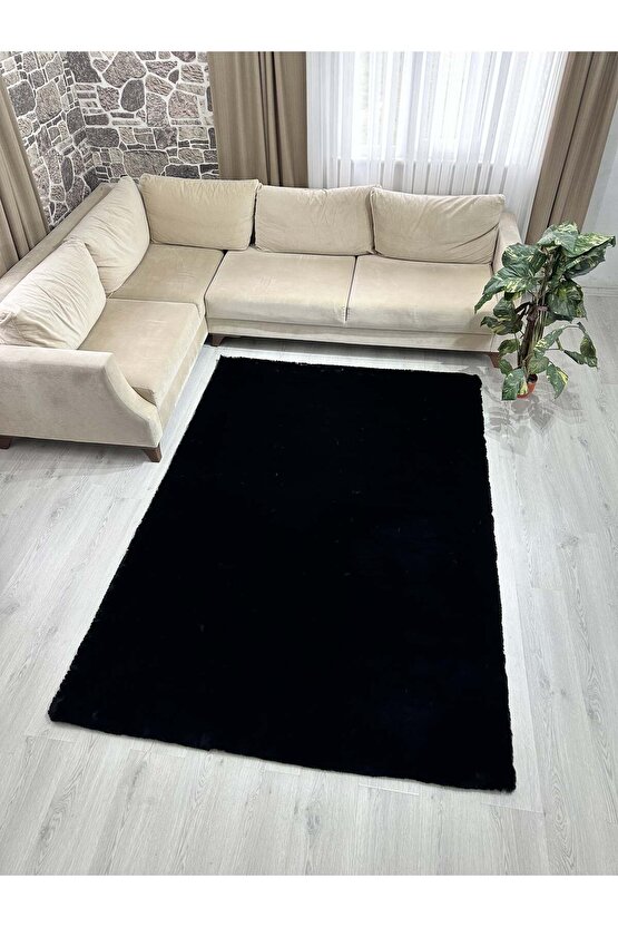 Modern Tavşan Tüyü Yumuşacık Tüy Dökmez Peluş Halı Siyah