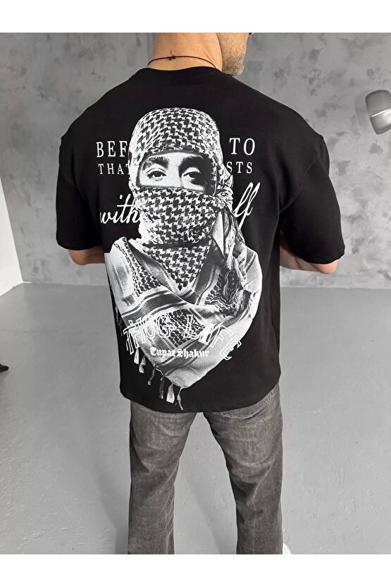 Unisex Baskılı Oversize T-Shirt - Siyah