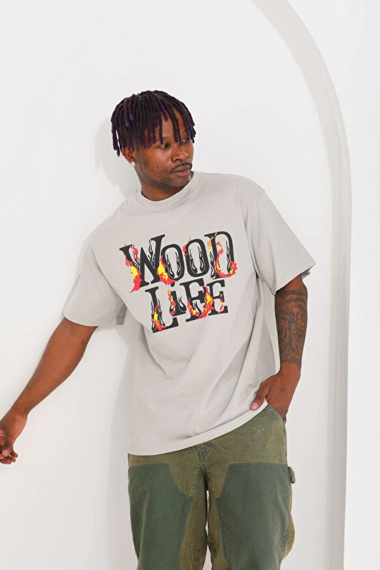 Unisex Baskılı Oversize T-Shirt - Gri