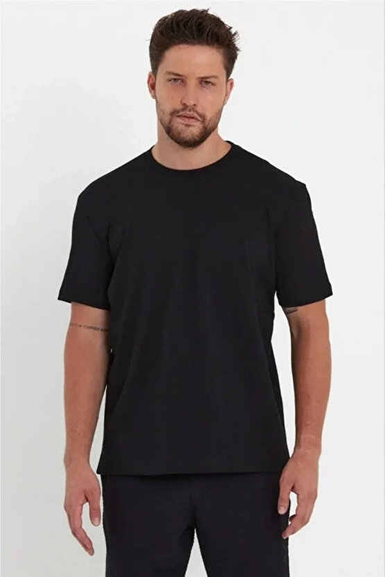 Erkek 241 Düz A Kalite Oversize T-shirt - Siyah