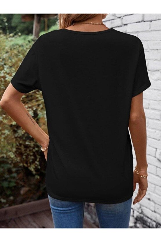 Kadın Kısa Kollu önden çapraz Detay V Yakalı Viskon Bluz