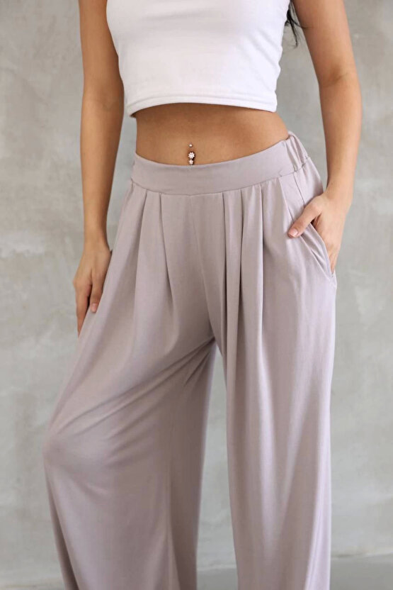 Osy Modal Yumuşak Dokulu Kadın Kumaş Boru Paça Salaş Eşofman - Bej