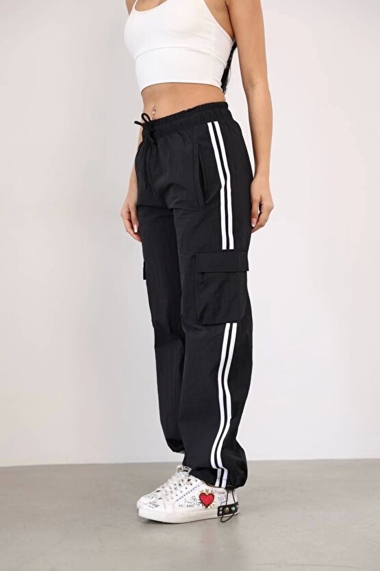 Paraşüt Kumaş Kargo Ceplı Baggy Eşofman - Siyah