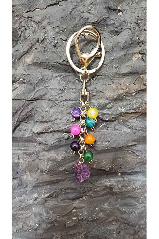 Doğal Tas Akik Çakra Anahtarlik Çelik Zincir,8mm Taş,Ametist doğal kesim 1 cm uç tas.l