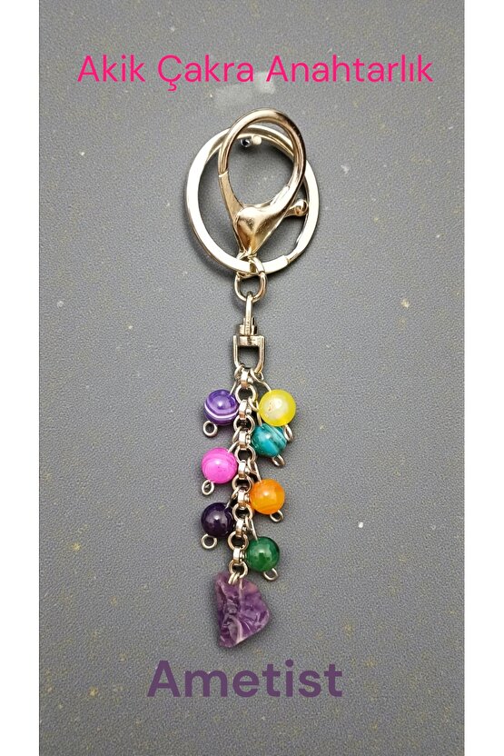 Doğal Tas Akik Çakra Anahtarlik Çelik Zincir,8mm Taş,Ametist doğal kesim 1 cm uç tas.l