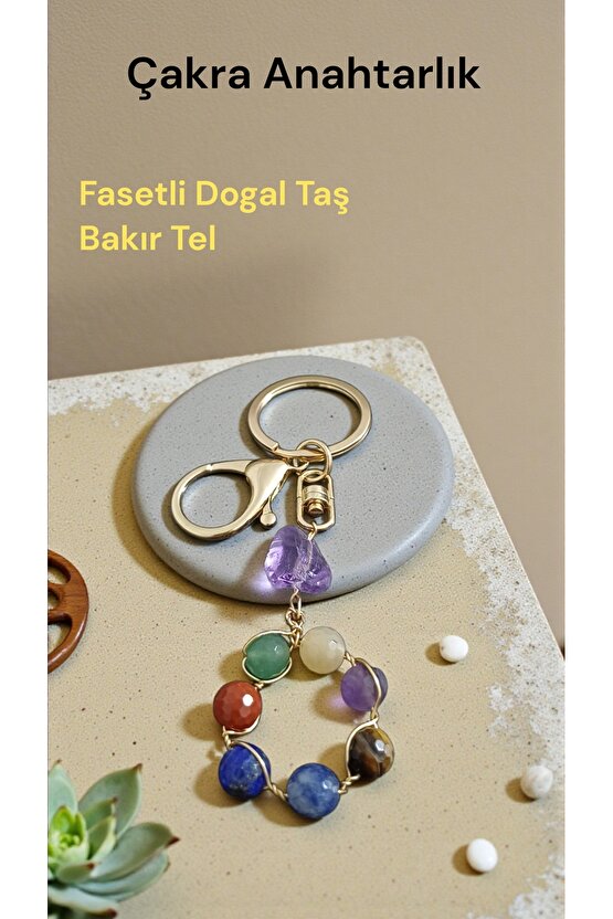 Doğal Taş Çakra Anahtarlık Faset kesim 8mm 7 li kristal.Ametis dogal kesim