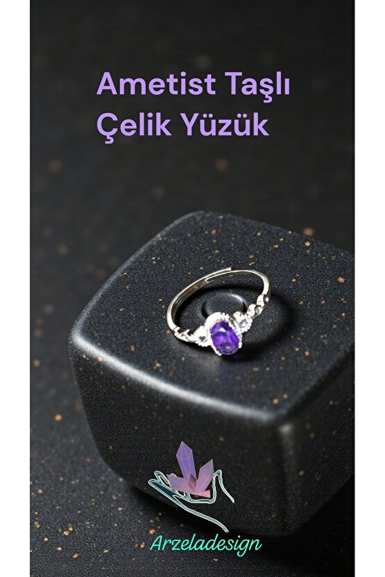 Doğal Taş AMETİST Çelik Yüzük Ayarlanabilir Ebat