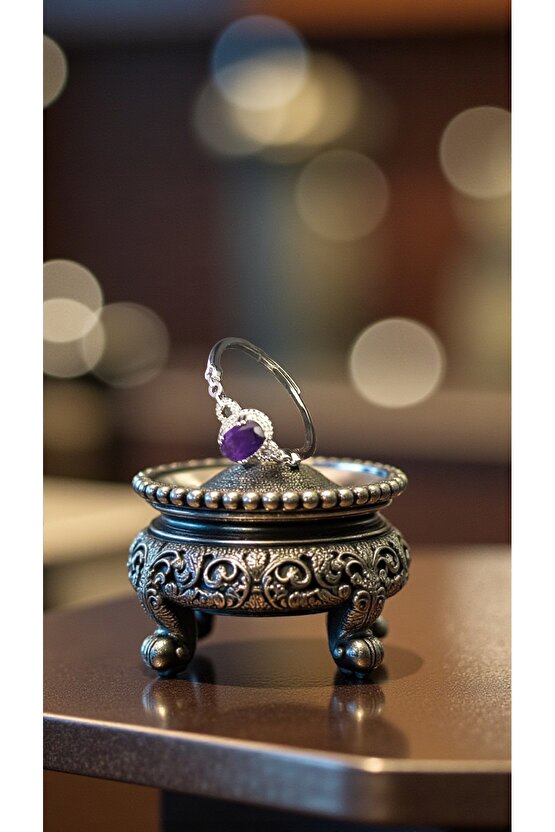 Doğal Taş AMETİST Çelik Yüzük Ayarlanabilir Ebat