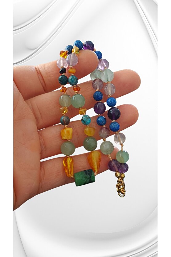 Doğal Taş Damla Kehribar Kolye Celik Aventurin Lapis Lazuli Apatit Florit Ametist Odak ve Başarı