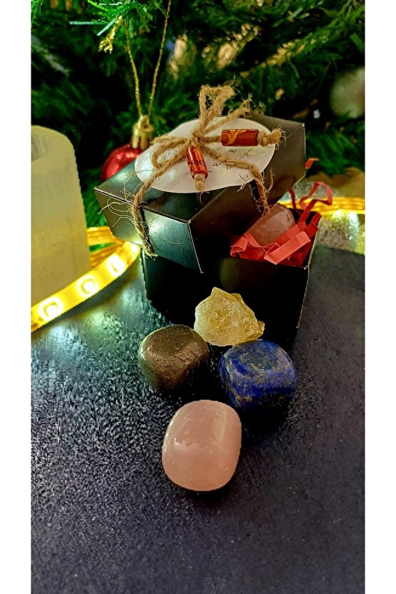 Doğal Taş Hediyelik 4 lü kombin Sitrin Pembe Kuvars Ametist Kristal Kuvars