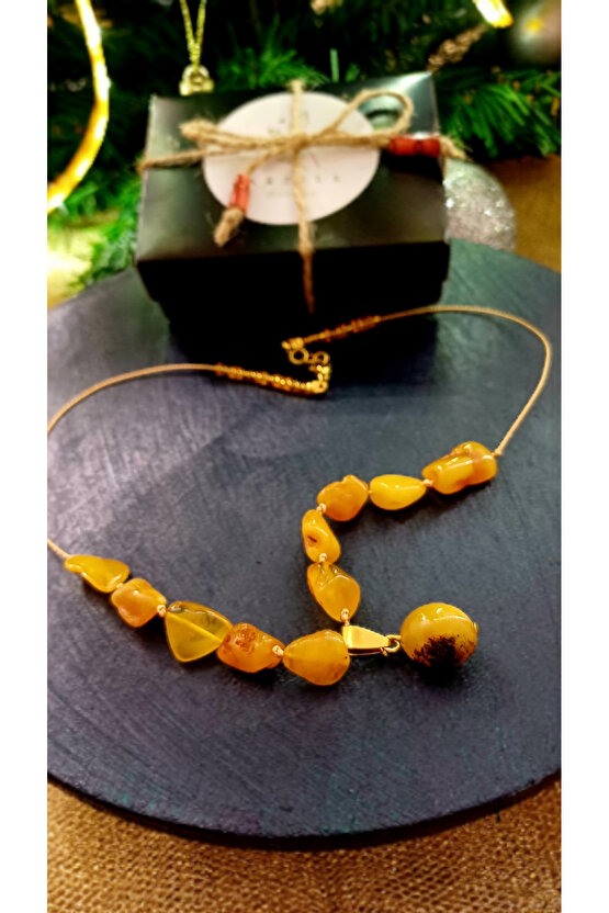 Doğal Taş Damla Kehribar Kolye Celik Aparat