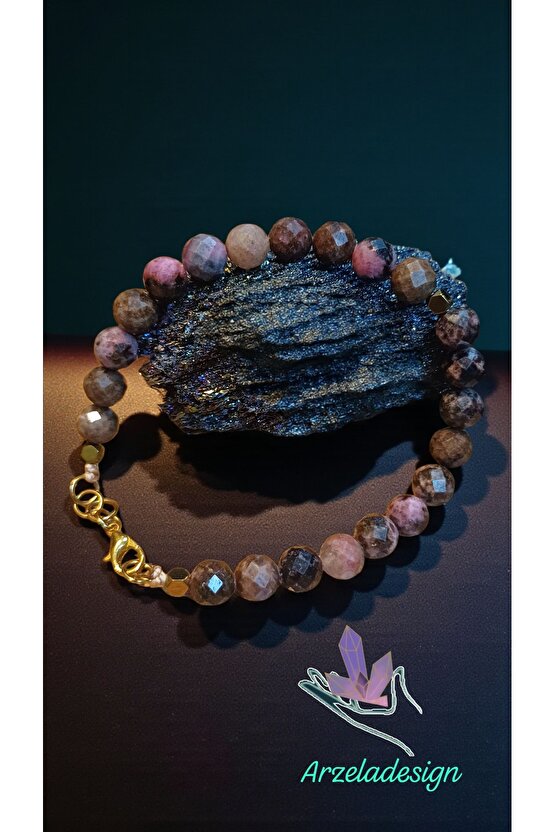 Doğal Taş Rodonit&Hemait Bileklik Öz Sevgi Bilekliği 8mm Taş Altın Kaplama Zincir