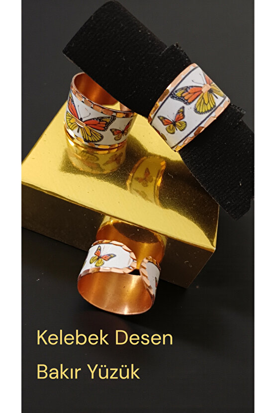 Bakır Yüzük Kelebek Desen Ayarlanabilir Ebat Genislik 12mm Kalınlık 1mm