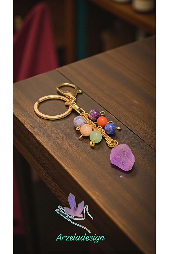 Doğal Taş Çakra Anahtarlik Çelik Zincir,8mm Taş