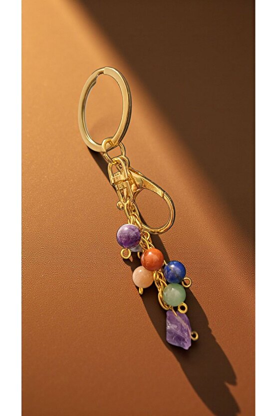 Doğal Taş Çakra Anahtarlik Çelik Zincir,8mm Taş