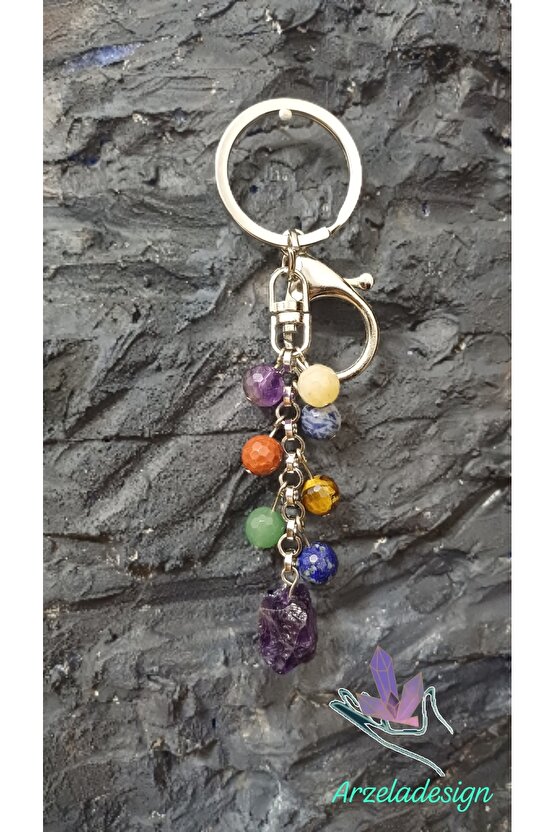 Doğal Taş Çakra Anahtarlik Faset Kesim 8mm Taş Celik Zincir