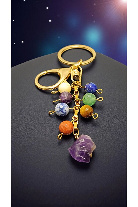 Doğal Taş Çakra Anahtarlik Çelik Zincir, Faset Kesim Taş 8mm Ametist Uçlu 15mm