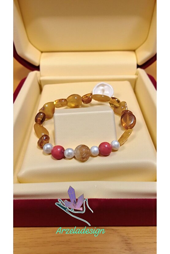 Doğal Taş Damla Kehribar Inci Mercan Bileklik Küpe Set