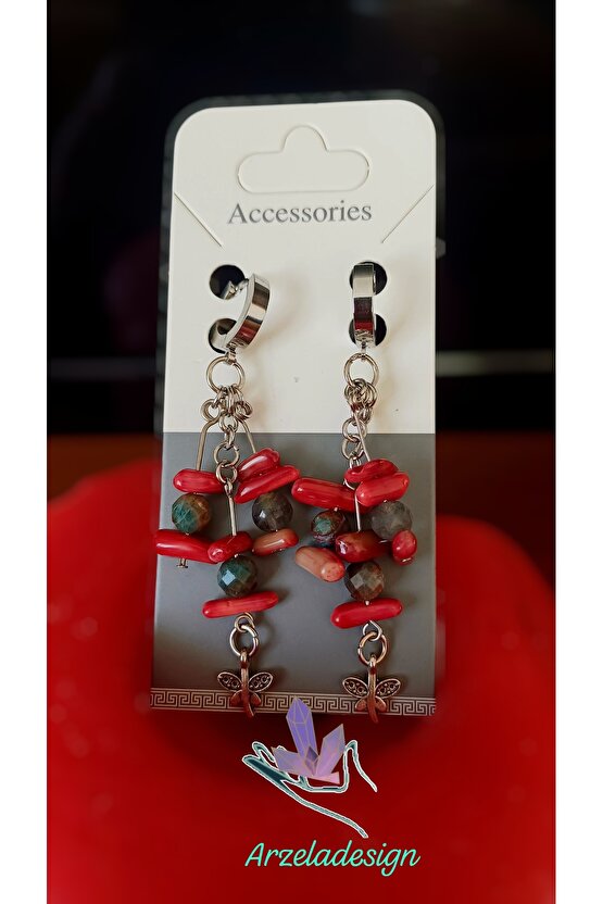 Doğal Taş MERCAN Küpe Gümüş Kaplama