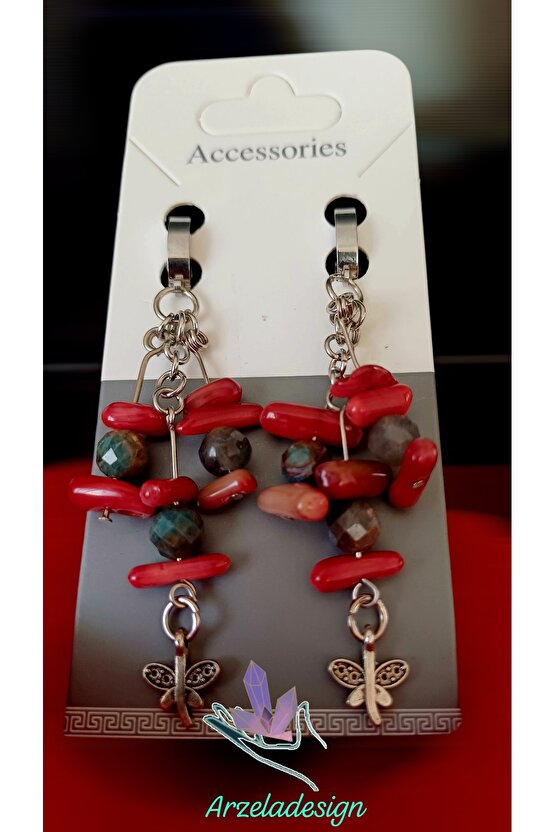 Doğal Taş MERCAN Küpe Gümüş Kaplama