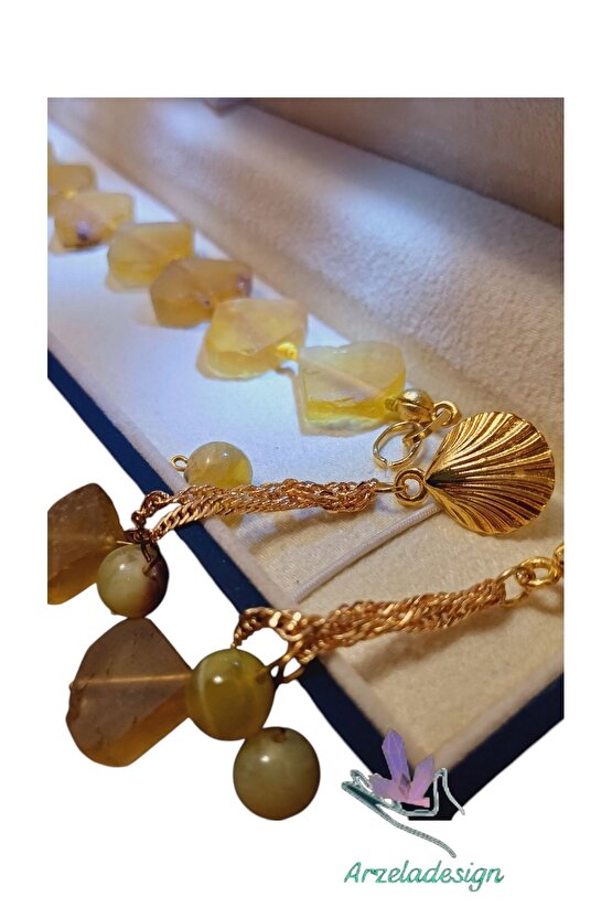 Doğal Taş Sarı Florit Bileklik ve Küpe Seti Dahi Taşı