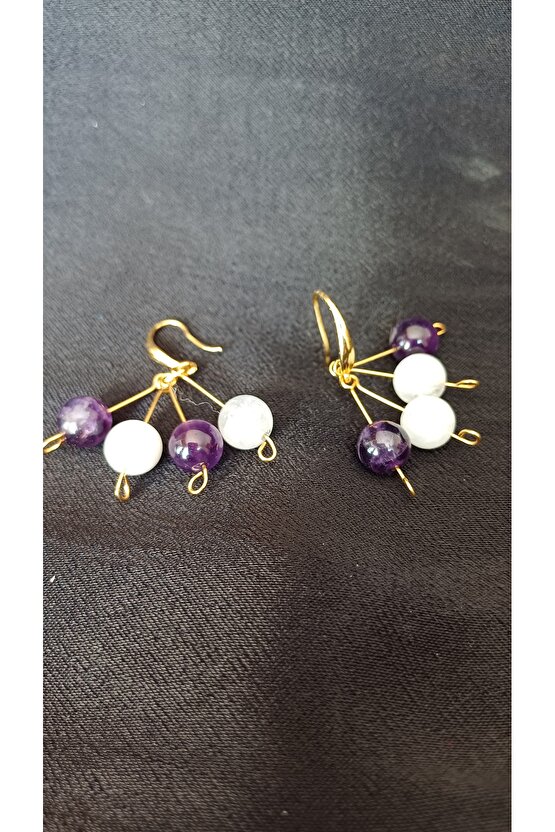 Doğal Taş Ametist Bileklik Ay Taşı ve Ametist Kupe Set