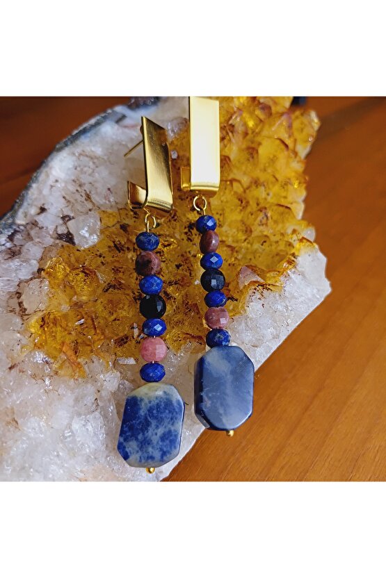 Dogal Taş Küpe Sodalit Lapis Lazuli Rodonit Birlikteligi Özgüven Kristalleri