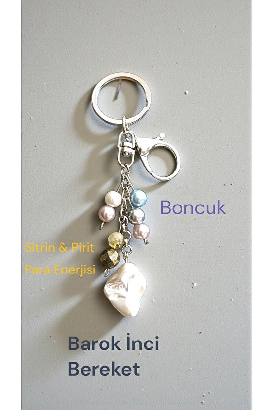 Doğal Taş Anahtarlik Barok İnci Sitrin ve Pirit Para Miknatisi Bolluk ve Bereket  Anahtarlğı