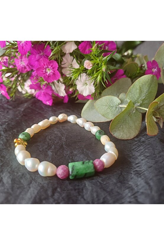 Dogal Taş Yakut İnci ve Yakutlu Rubizoit Bileklik Disil Enerji, Alma Verme Dengesi Kadin Bileklik