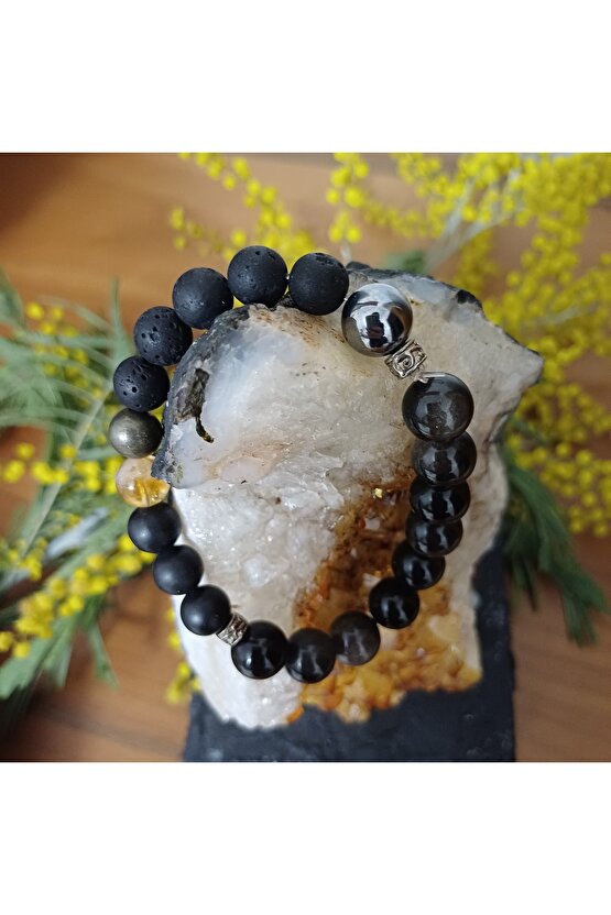 Dogaltas Obsidyen Erkek Koruma Bileklik Obsidyen Lav Tasi Pirit  Sitrin