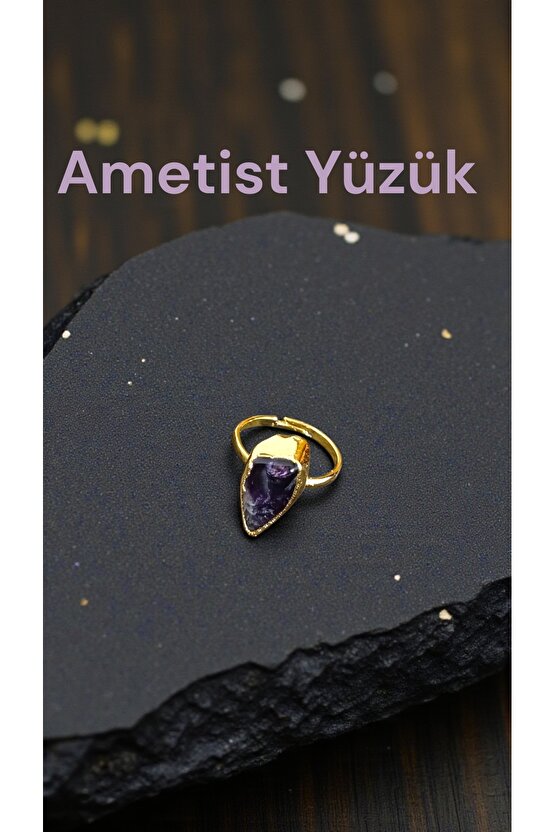 DOĞAL TAŞ AMETİST KRİSTAL YÜZÜK Altin Kaplama Ayarlanabilir Ebat