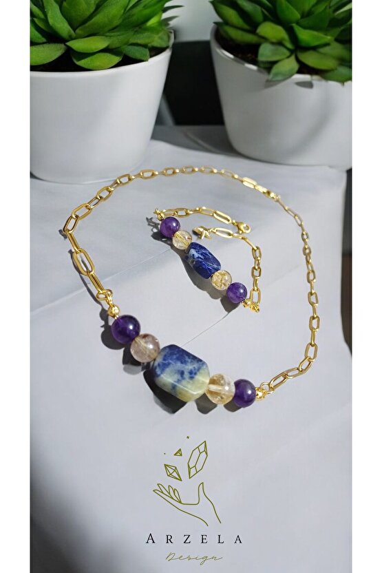 Doğal Tas SODALIT AMETİST SITRIN KRİSTALLERİ ÇELİK ZİNCİR TAKI SETI