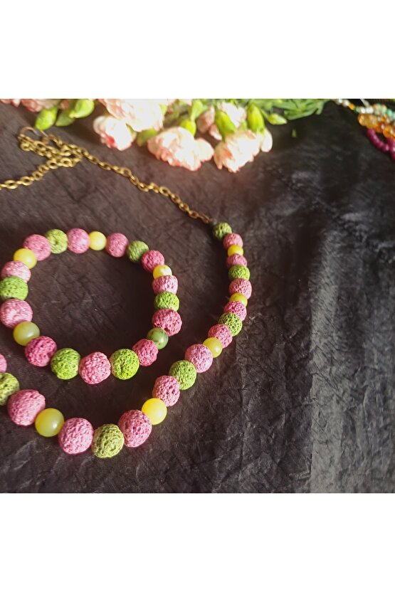 Doğal Taş Yeşim Ve Truf Taşı Kolye Bileklik Set