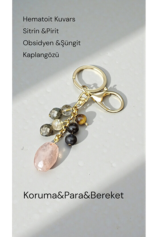 Doğal Taş BEREKET ANAHTARLIĞI ( HEMATOİT KUVARS 1.5cm, SİTRİN PIRIT OBSIDYEN SUNGIT 8mm)