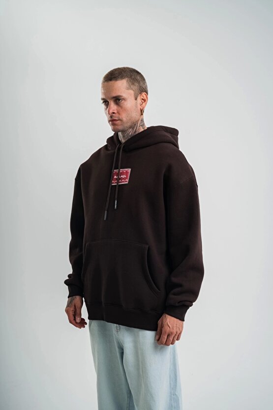 Double Oversize Kapşonlu Dijital Patchli SweatShirt - Kahve