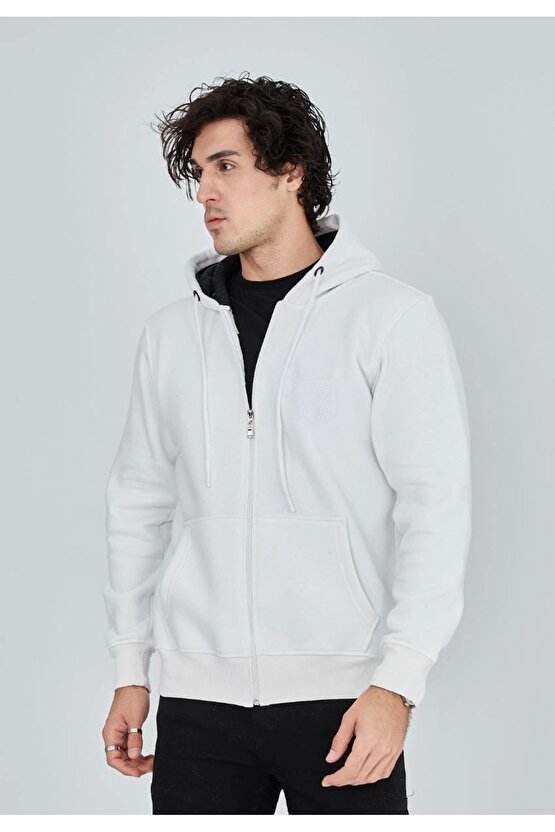 Unisex Tam Fermuarlı Kapşonlu SweatShirt - Beyaz