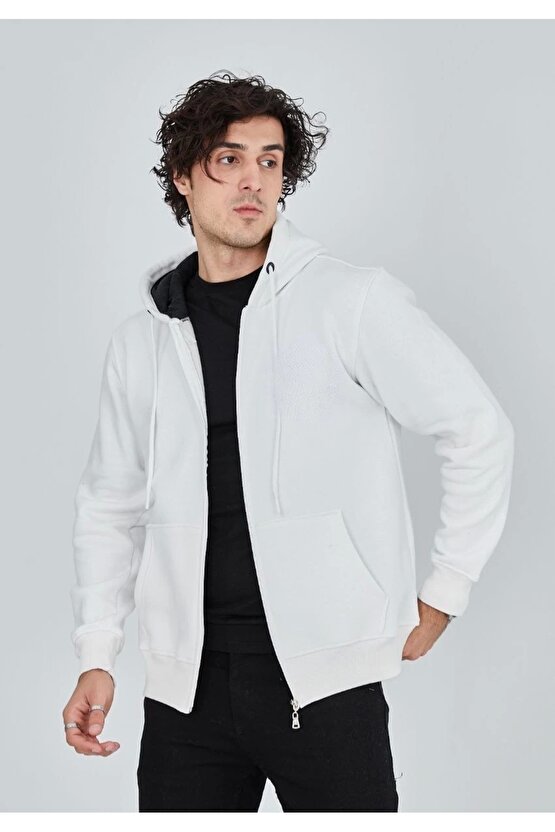 Unisex Tam Fermuarlı Kapşonlu SweatShirt - Beyaz