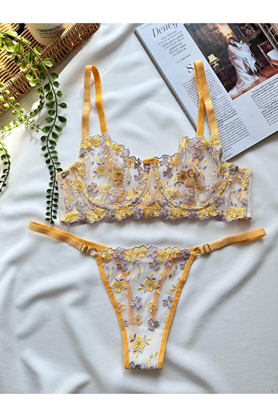 Lila Sarı Çiçek İşlemeli Brode Sütyen Takımı
