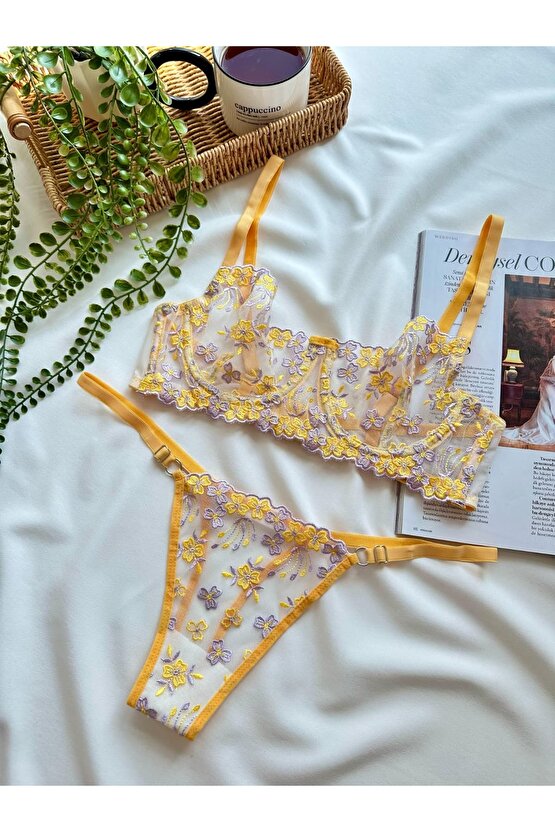 Lila Sarı Çiçek İşlemeli Brode Sütyen Takımı