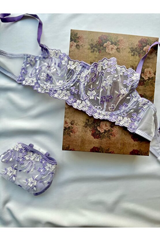 Çiçek Desenli Dantel Tül Bralet Takım