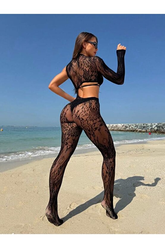 Taşlı Dantel Detaylı Siyah Tüm Boy Çorap