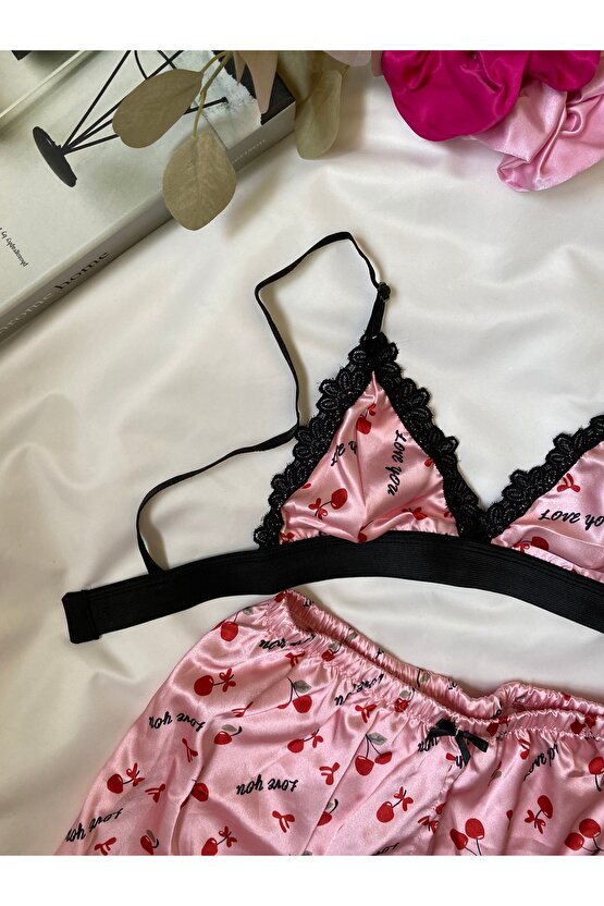 Saten Bralet Şort Takım